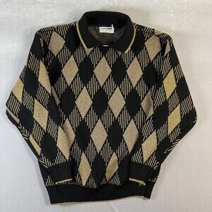 Vintage 90s Alfred Dunner Sweater Womens Medium Black Gold Argyle Diamond USA